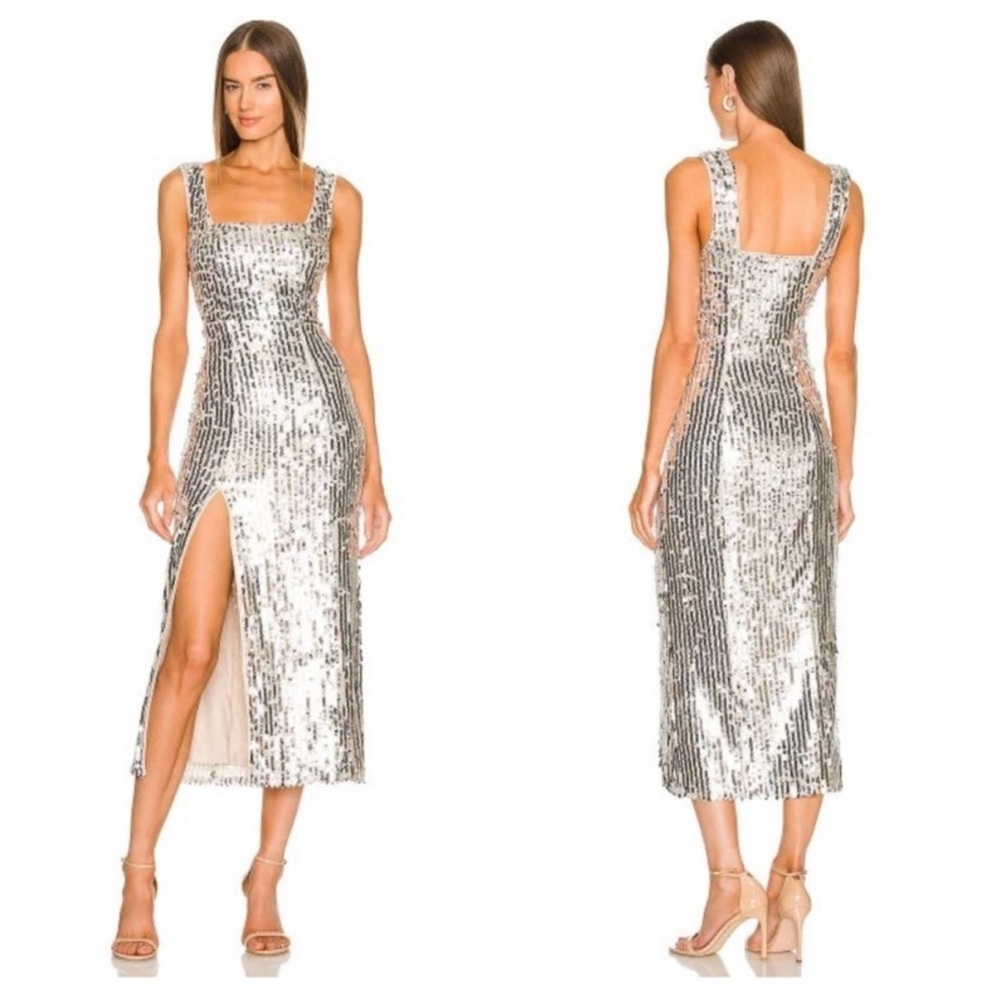 Show Me Your MuMu Silver Sequin Square-Neck Midi Dress with Slit